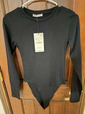 Zara Long Sleeve Crew Neck Cotton Modal Bodysuit in Black